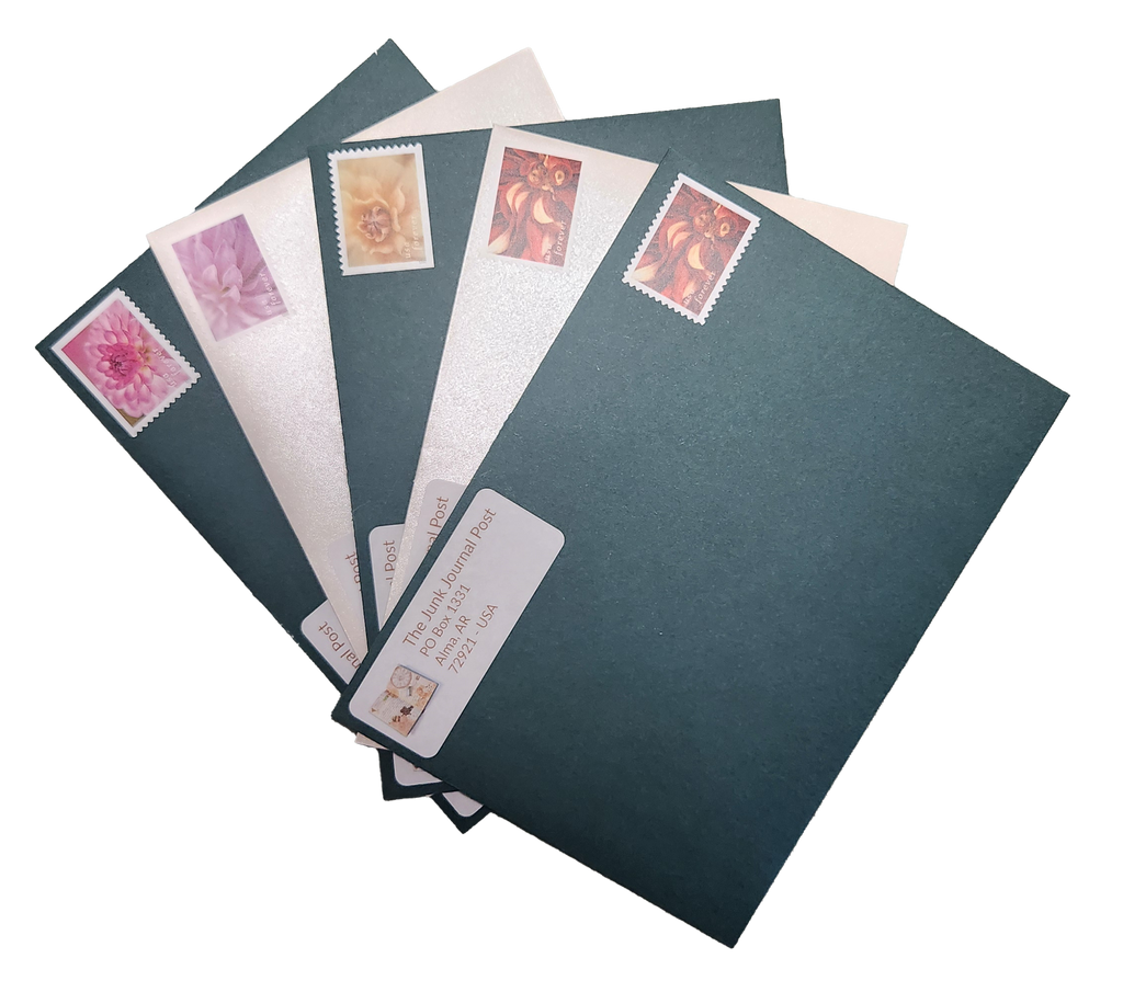 A fanned stack of five envelopes, alternating between teal and pearlescent, against a black background, each bearing a floral Forever stamp in shades of pink, peach and red.