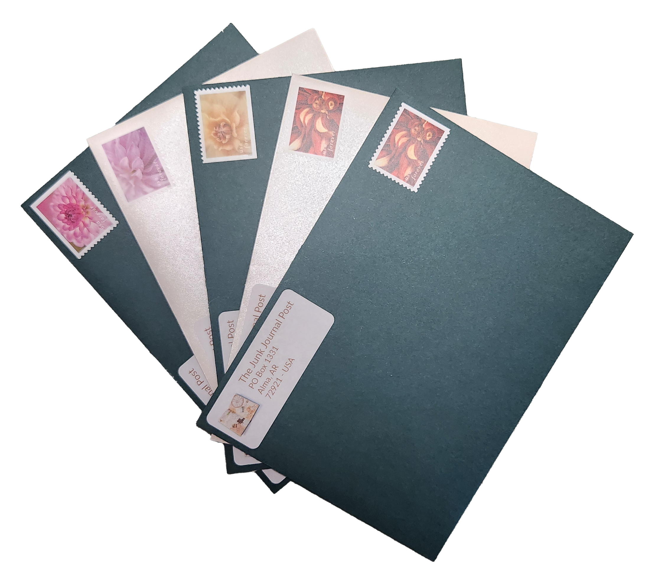A fanned stack of five envelopes, alternating between teal and pearlescent, against a black background, each bearing a floral Forever stamp in shades of pink, peach and red.