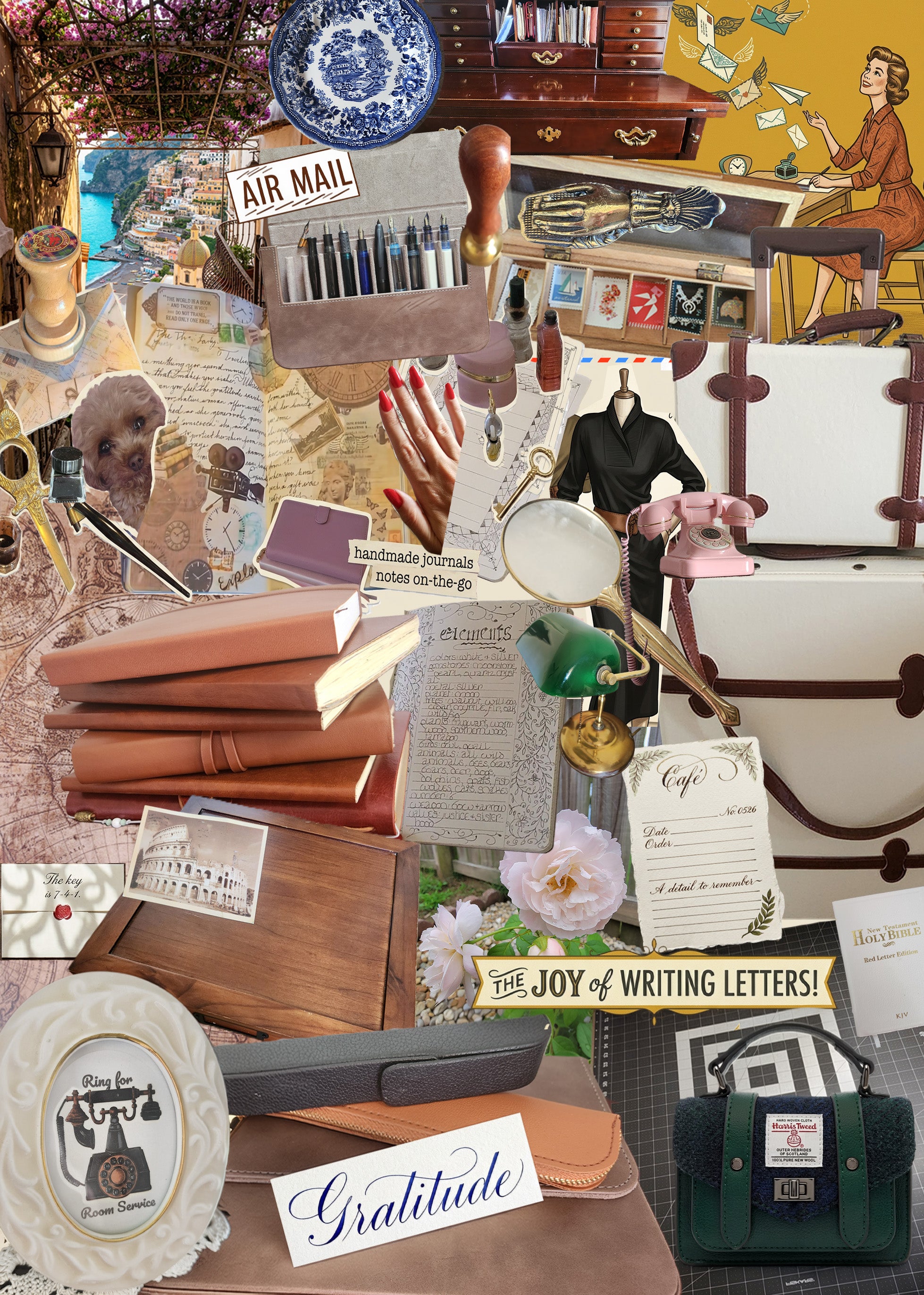 Vintage-inspired collage of journaling and letter-writing elements, including notebooks, fountain pens, stamps, envelopes, a writing desk, leather bags, vintage luggage, vintage writing desk, fountain pen cases, text that reads "air mail, gratitude, and the joy of writing letters," a small, oval frame with a homemade picture that says "ring for room service" with an image of an antique rotary phone, English roses, nostalgic imagery, arranged in warm tones to evoke creativity, travel, and meaningful mail.