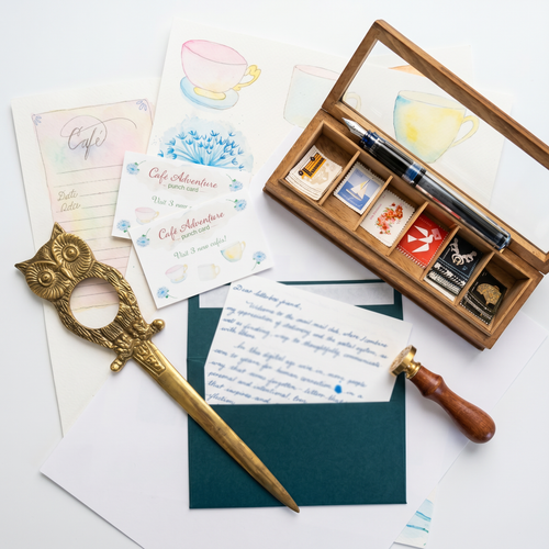 A flat lay of stationery and letter-writing accessories on a white surface, including a teal envelope with a handwritten letter, watercolor cards featuring teacups and florals, café adventure punch cards, a brass owl letter opener, a wax seal stamp, a glass-lidded wooden box containing postage stamps and a fountain pen, and a large watercolor illustration of teacups.