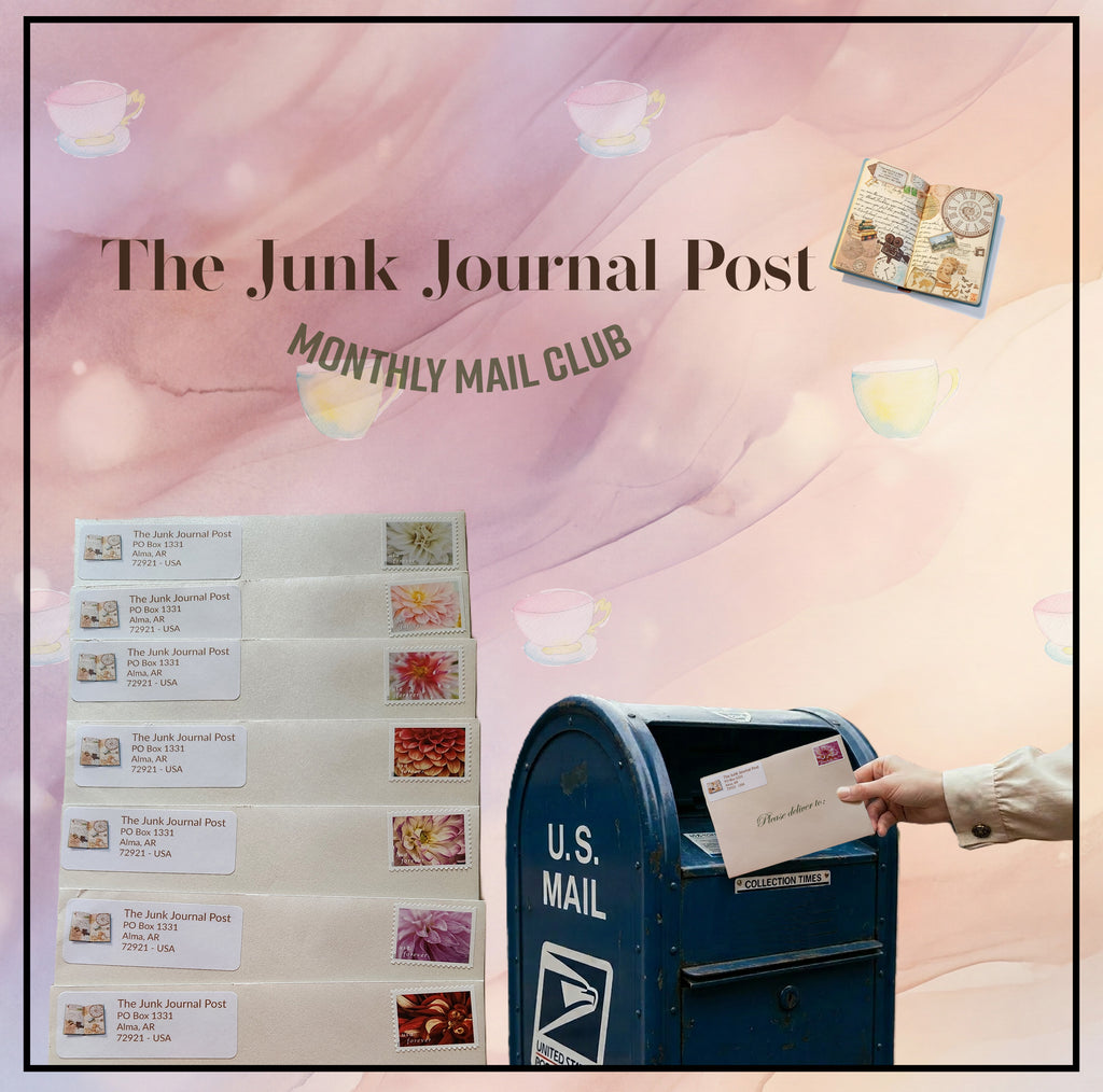 Promotional image for The Junk Journal Post Monthly Mail Club featuring a stack of stamped envelopes, a hand placing an envelope into a U.S. Mail box, and a soft pink watercolor background decorated with original illustrated teacups.
