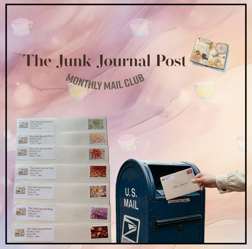 Promotional image for The Junk Journal Post Monthly Mail Club featuring a stack of stamped envelopes, a hand placing an envelope into a U.S. Mail box, and a soft pink watercolor background decorated with original illustrated teacups.